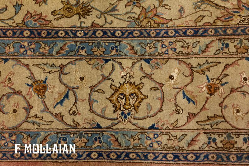 قالی گل ابریشم آنتیک ایرانی قم (پشم کرک) با نقوش اسلیمی کد:۶۷۰۸۵۶۵۸